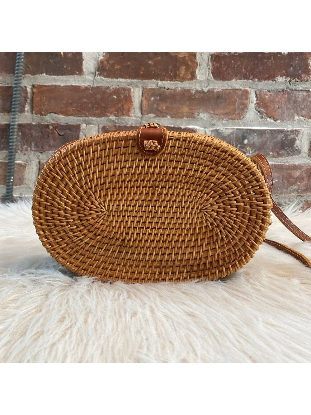 Oval Woven Rattan Bag with Long Leather Strap - Picture 5 of 16